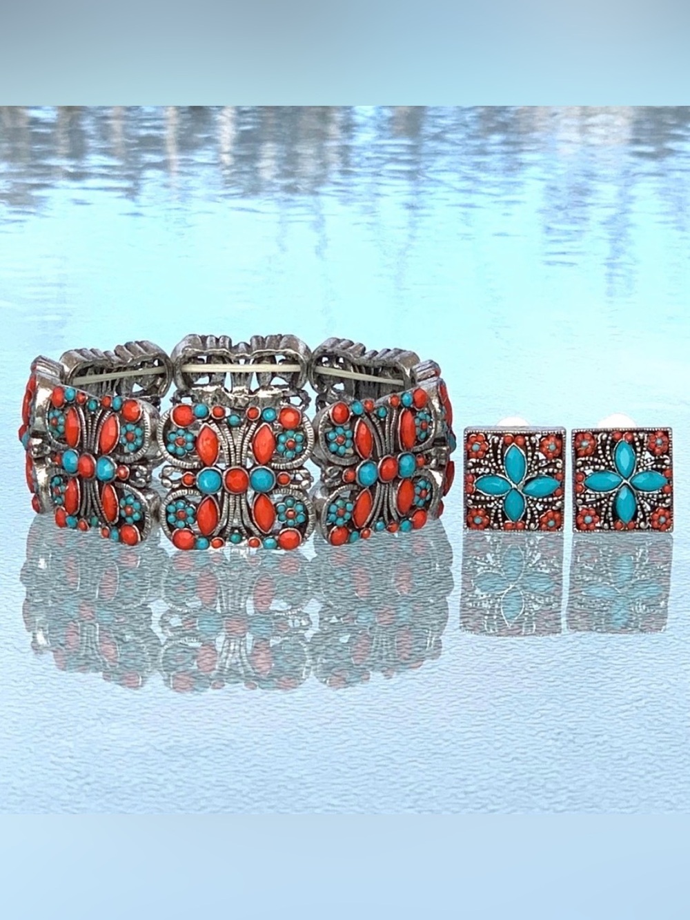 Southwestern Faux Coral & Faux Turquoise Stretch Bracelet and Clip-On Earrings